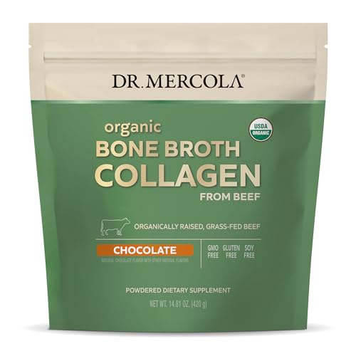 Dr. Mercola Organic Bone Broth Collagen Powder - Chocolate, 30 Servings (30 Scoops), Dietary Supplement, Supports Bone and Joint Comfort, USDA Organic, Non-GMO