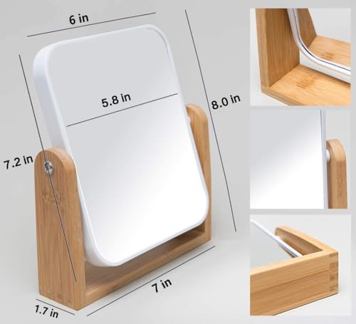 YEAKE Vanity Makeup Mirror with Natural Bamboo Stand,8 Inch 1X/2X Magnification Double Sided 360 Degree Swivel Magnifying Mirror,Portable Table Desk Countertop Mirror Bathroom Shaving Make Up Mirror