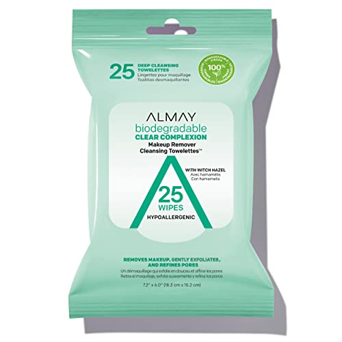 Almay Makeup Remover Cleansing Towelettes, Clear Complexion Wipes for Oily & Acne Prone Skin, Hypoallergenic, Cruelty- & Fragrance-Free, 25 Count