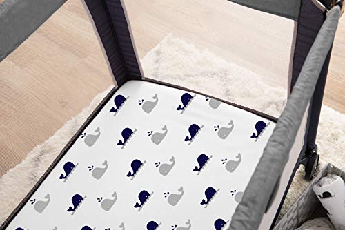 TL Care 2 Pack Fitted Pack N Play Playard Sheet 27 x 39, Soft Breathable Neutral 100% Cotton Jersey Pack and Play Sheet, Navy Whale/Gray Zigzag, for Boys and Girls, Fits Most Mini Crib