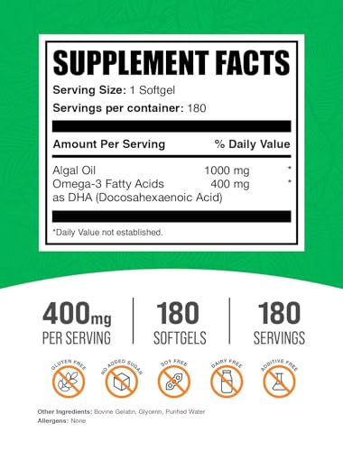 BulkSupplements.com Omega-3 Softgels - from Algal Oil, Algae Oil Omega 3 Supplement - 400mg of Omega-3, Gluten Free, 1 Softgel per Serving, 180 Count (Pack of 1)