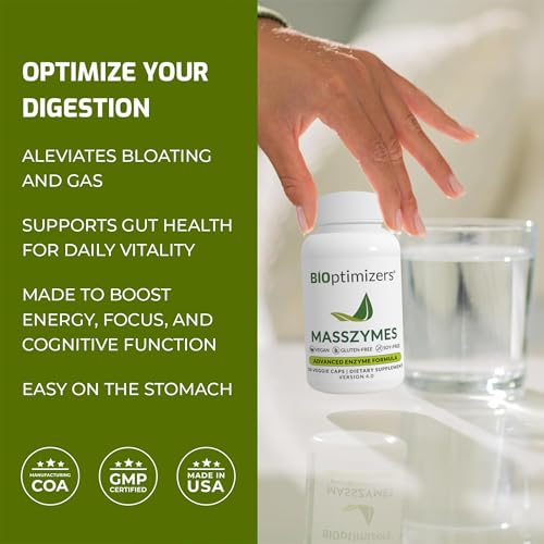 BiOptimizers MassZymes - Complete Digestive Enzymes Supplement for Gut Health - Bloating Relief for Men and Women - Lipase Amylase Bromelain Digestive Enzymes (30 Capsules)