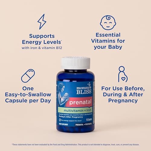 Mommy's Bliss Prenatal Multivitamin with Iron and Folic Acid, Supports Baby Development + Mom Immune System & Energy Levels w/ B Vitamins & Probiotics, Vegan & Gluten Free (45 Servings)