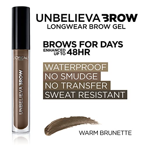 L'Oreal Paris Unbelieva-Brow Longwear Waterproof Tinted Brow Gel, Smudge-resistant, Transfer- Proof, Quick Drying, Easy and quick application with precise brush, Warm Brunette, 0.15 fl. oz.
