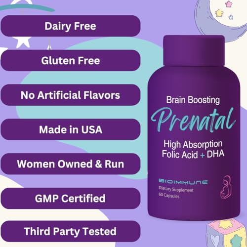 BioImmune Ultra Strength Bio-Available Prenatal Vitamins for Women, Naturally Occurring Methylated Folate Folic Acid, DHA Omega 3. Supports Brain Development, Healthy Fetal Development
