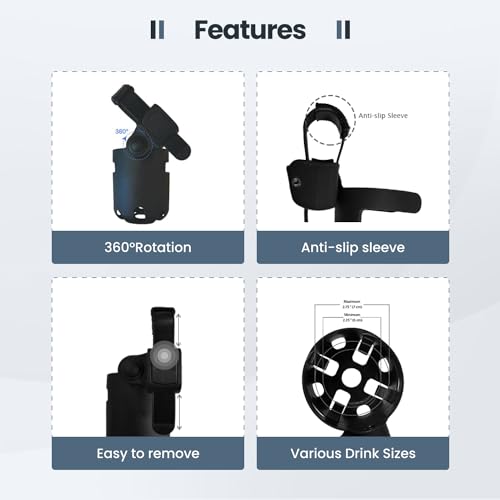 guzzie+Guss Universal Cup Holder, for Strollers, Wheelchairs, Mobility Walkers, Bikes, Camping Chairs. Easy, No Tool, Install with Anti-Slip Sleeve, Fits Wide Variety of Drink Containers, Black