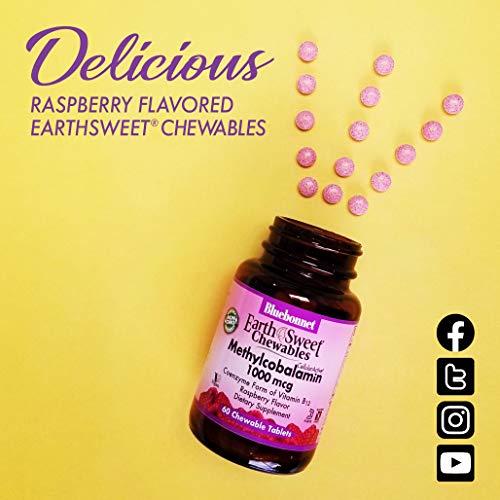 Bluebonnet Nutrition EarthSweet Methylcobalamin 5,000 mcg Active Coenzyme Form of Vitamin B12 Supports Energy Boost & Metabolism - Vegan, Gluten-Free - Raspberry Flavor - 60 Chewable Tablets