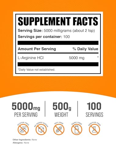 BulkSupplements.com L-Arginine HCl Powder - Arginine Supplement, Nitric Oxide Supplement - Arginine Powder, Unflavored & Gluten Free, 5000mg per Serving, 500g (1.1 lbs) (Pack of 1)