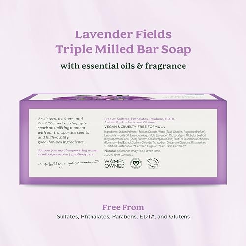 SoF Triple Milled Bar Soap - With Coconut Oil & Organic Shea Butter- Vegan & Non GMO- Free From Phthalates, Sulfates & Parabens- Lavender Fields - 6 oz Bar 4 Bars