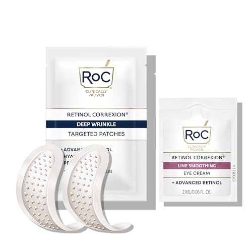 RoC Retinol Correxion Deep Wrinkle Non-Invasive Targeted Patches with Hyaluronic Acid + Firming Peptides for Forehead, 11 Lines, Crow’s Feet and Laugh Lines, (6 Patches) with Retinol Eye Packette