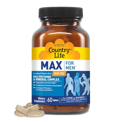 Country Life Max for Men, Multivitamin & Mineral Complex, Iron-Free, Vegetarian Tablets, 60 Count, Certified Gluten Free, Certified Vegetarian