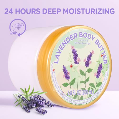 puresoak bath Lavender Body Butter, Natural Body Butter for Men Women Smell Good, Lavender Scented Shea Butter Body Cream, Body Moisturizer for Dry Skin 6.8 floz