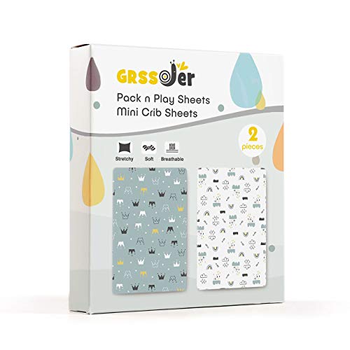 GRSSDER Stretchy Ultra Soft Jersey Knit Fitted Pack n Play Playard Sheets Set 2 Pack,Portable/Mini Crib Sheets, Crown and Cloud for Girls and Boys