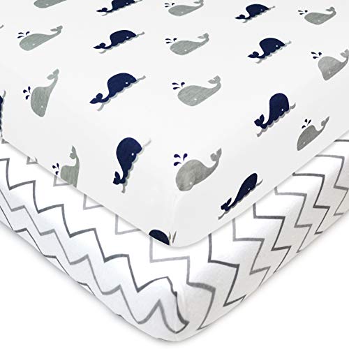 TL Care 2 Pack Fitted Pack N Play Playard Sheet 27 x 39, Soft Breathable Neutral 100% Cotton Jersey Pack and Play Sheet, Navy Whale/Gray Zigzag, for Boys and Girls, Fits Most Mini Crib