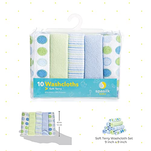 Spasilk Washcloth Wipes Set for Newborn Boys and Girls, Soft Terry Washcloth Set, Pack of 10, Blue Dots