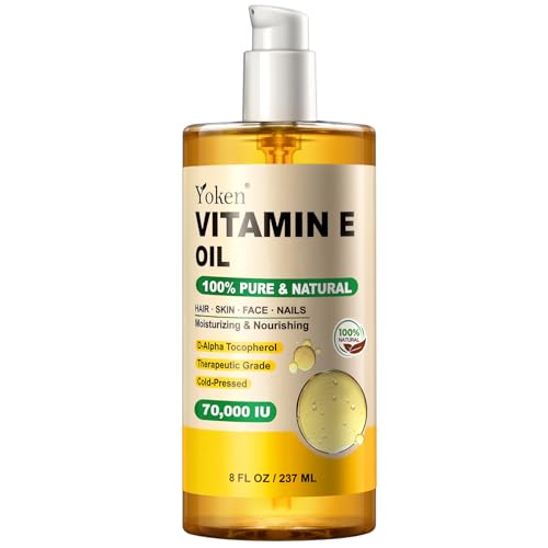 Yoken Vitamin E Oil 8 Fl Oz Organic Vitamin E oil for Skin 70,000 IU Vitamine oils for Scars Hair,Face,Nail,Scalp Perfect Bath and Body Oil Cold Pressed Hexane Free Non-GMO Gluten Free Formula