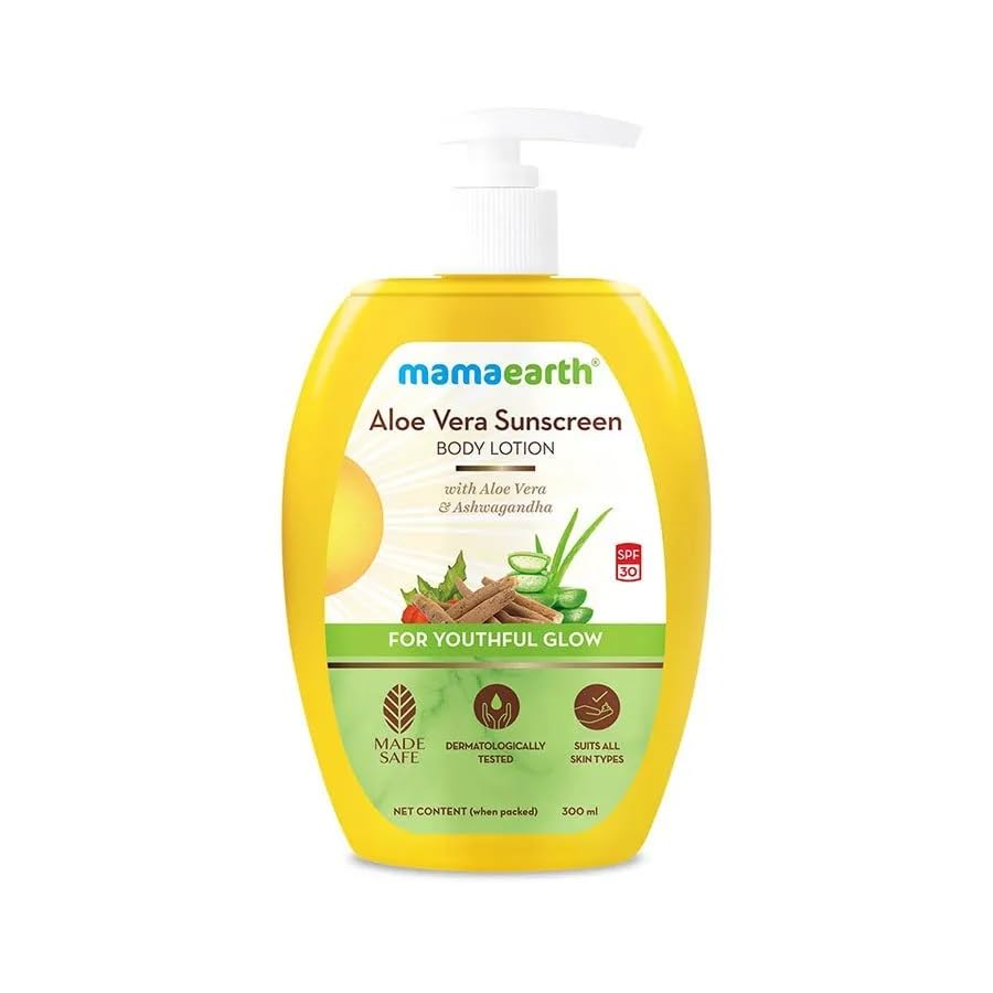 Mamaearth Aloe Vera SPF 30 Sunscreen Body Lotion | Helps Prevent Tanning & Adds Glow to Skin | Lightweight & Non-Greasy | Suits All Skin Types | 10.14 Fl Oz/300ml