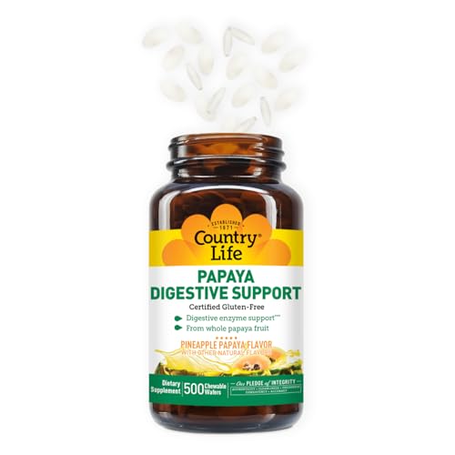 Country Life Chewable Papaya Enzymes for Digestion Support - Natural Pineapple & Papaya Flavor, Assists with Nutrient Absorption, Contains Papain & Protease - 200 and 500 Wafers Available