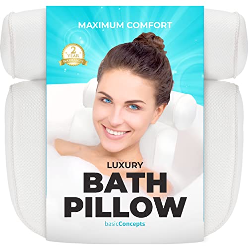 BASIC CONCEPTS Bathtub Pillow for Neck and Back Support with Drying Hook, Bathtub Pillow Machine Headrest for Soaking & Straight Back Tubs - Bath Accessories, Machine Washable, 6 Suction Cups