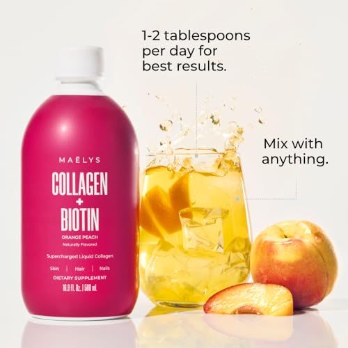 MAËLYS Super Charged Liquid Collagen for Women - Collagen Peptides Supplement with Biotin for Hair, Skin and Nails - Liquid Hydrolyzed Collagen Peptides, Orange Peach
