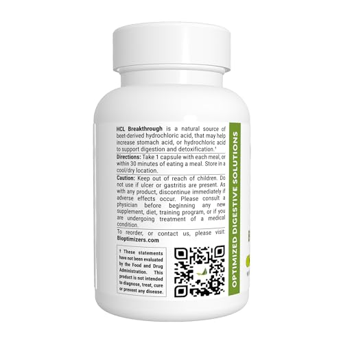 BiOptimizers HCL Breakthrough - Betaine Hydrochloride Enzymes Supplement - Assists with Protein Breakdown and Absorption - Helps Gas and Heartburn Relief - 90 Pepsin-Free Capsules