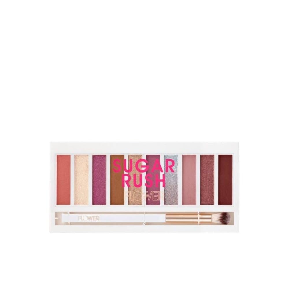 FLOWER BEAUTY Shimmer & Shade Eyeshadow Palette | 10 Mix-and-Match Matte & Shimmery Shades | Eye Makeup with Brush Included | Cruelty Free (Sugar Rush)
