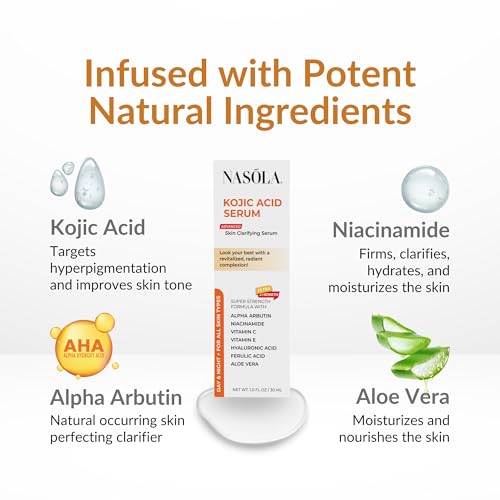 Nasola Kojic Acid Serum for Skin Clarifying, Complexion Revitalization Fade Cream with Alpha Arbutin, Vitamin C & E, & Niacinamide