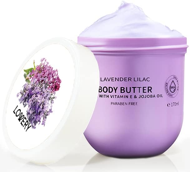 Lavender Lilac Body Butter - Shea Cream with Jojoba Oil & Vitamin E - Hydrating Natural Moisturizer for Hands - 5.74 Fl Oz