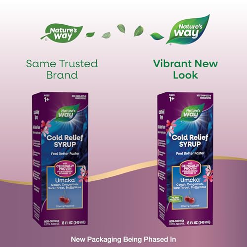 Nature's Way Cold Relief Syrup, Umcka, Shortens Duration & Reduces Severity, Multi-Symptom Cold Relief, Homeopathic, Phenylephrine Free, Non-Drowsy, Cherry Flavored, 8 Fl Oz (Packaging May Vary)