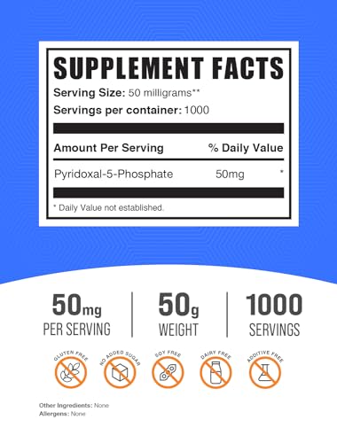 BulkSupplements.com Pyridoxal 5 Phosphate Powder - P-5-P Vitamin B6 Supplement, P-5-P 50mg - P5P Supplement, Gluten Free, 50mg of per Serving, 50g (1.8 oz) (Pack of 1)