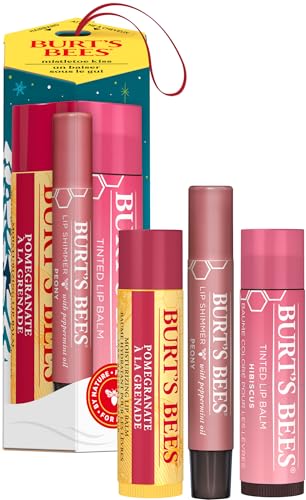 Burt's Bees Mistletoe Kiss Pink, Pomegrante, Peony, Hibiscus Lip Balm and Shimmer Holiday Collection Gift Set of 3-1 Count