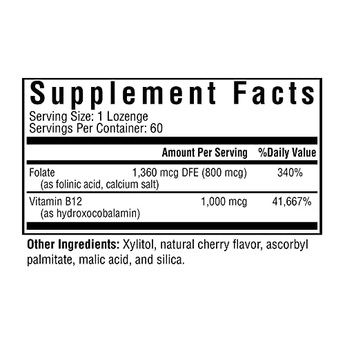 Seeking Health Hydroxo B12 with Folinic Acid, 1,000 mcg Vitamin B12 and 800 mcg DFE Folate Supplement, Supports Methylation and Homocysteine Levels, Energy Support, Vegan & Vegetarian (60 lozenges)*