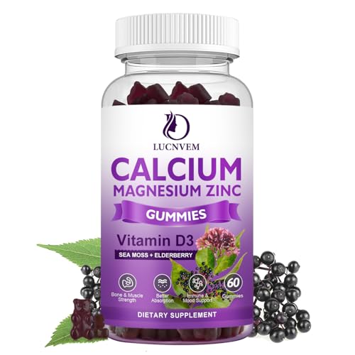 Sugar Free Calcium Magnesium Zinc Gummies with Elderberry and Sea Moss, Calcium Magnesium 2:1, Magnesium Glycinate, Potassium and Vitamin D3 for Bones, Muscles, Calm Mood & Sleep Support, 60 Gummies
