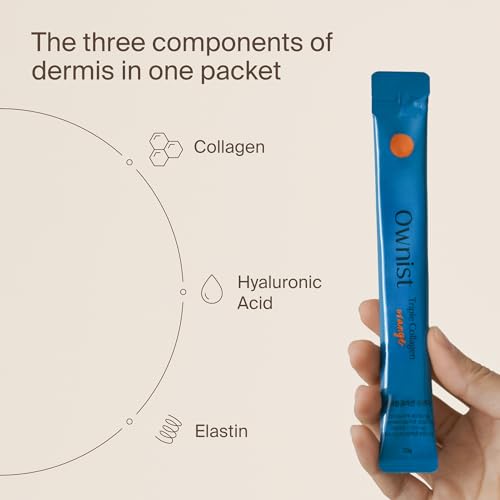 Ownist Triple Collagen Liquid Packets On-The-Go - Peptides with Hydrolyzed Marine Collagen, Elastin, Hyaluronic Acid and Vitamin for Healthy Skin - Orange Flavor - 14 Individual Stick Packs