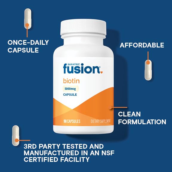 Bariatric Fusion Biotin 5000mcg Vitamin | Easy to Swallow Capsules Biotin Supplement for Hair Growth | 90 Count | 3 Month Supply