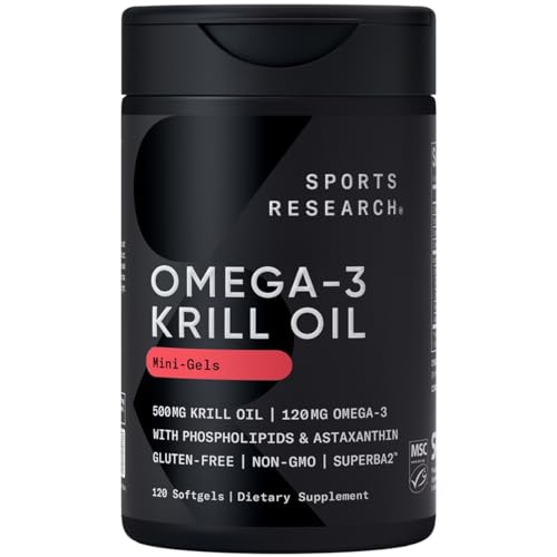 Sports Research Antarctic Krill Oil Omega 3 Mini-Softgels 500mg with Phospholipids, Choline & Astaxanthin - Sustainably Sourced, Non-GMO Verified & Gluten Free - 120 Softgel Capsules