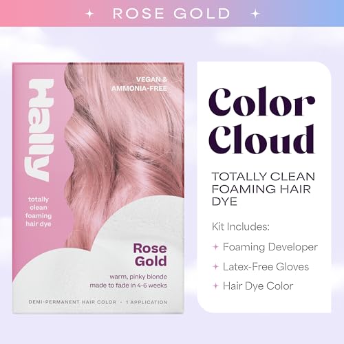 Hally Hair Color Cloud Hair Dye (Rose Gold) - Demi-Permanent Foam Hair Color for Women & Men - Mess-Free & Long-Lasting Hair Dye Kit, Hair Coloring Products Wash Out in 4-6 Weeks, Vegan
