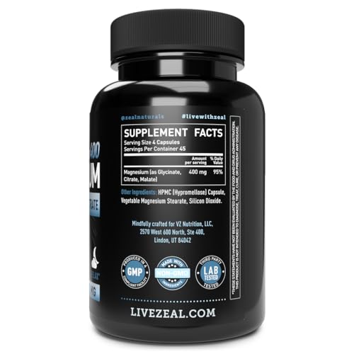 Premium Chelated Magnesium Glycinate, Malate, Citrate (400mg | 180 Capsules) Triple Blend Magnesium Complex