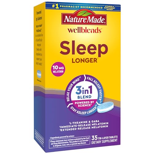 Nature Made Wellblends Sleep Longer, Melatonin 10mg, L theanine 100 mg, and GABA 100mg, Sleep Supplement, 35 Tri-Layer Tablets