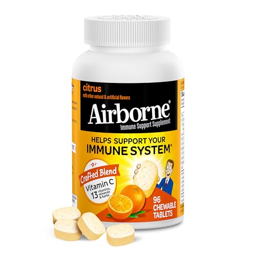 Airborne 1000mg Vitamin C Chewable Tablets with Zinc, Immune Support Supplement with Powerful Antioxidants Vitamins A C & E - 96 Chewable Tablets, Citrus Flavor