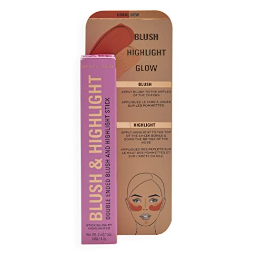 Makeup Revolution- Blush & Highlight Stick- Coral Dew | Creamy, blendable matte blush | Highlighter to lift the cheeks | Add dimension & create shadows - 4.3 g