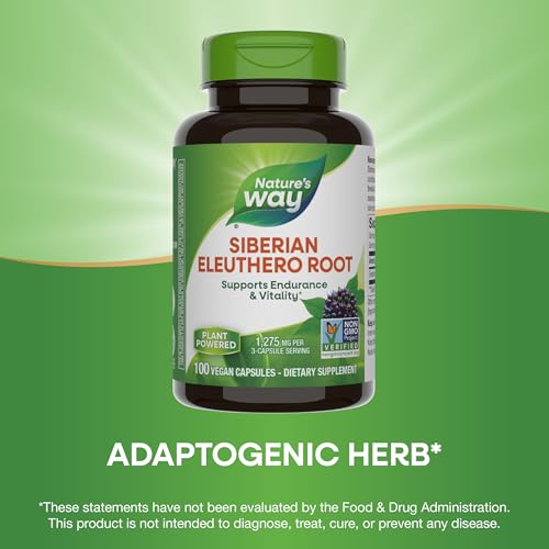 Nature's Way Premium Herbal Siberian Eleuthero Root Supplement, Supports Endurance & Vitality*, Adaptogen*, 1,275mg per 3-Capsule Serving, Non-GMO Project Verified, 100 Capsules (Packaging May Vary)