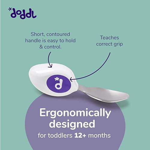 doddl Toddler Utensils, Ergonomic Fork Spoon and Knife Set for Self Feeding, Stainless Steel Silverware for 1-3 Year Olds, BPA Free, Dishwasher Safe (Aqua)