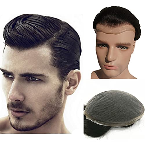 Human Hair Toupee for Men, N.L.W. European Human Hair Pieces for Men with 10 x 8 Super Thin French Lace,#1B Off Black