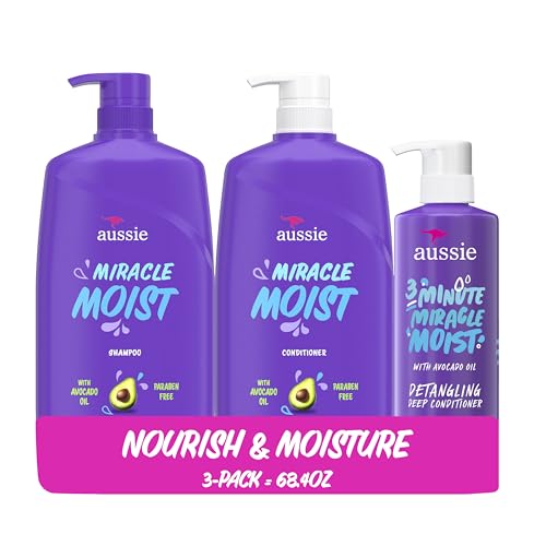 Aussie Miracle Moist Shampoo and Conditioner with 3 Minute Miracle Deep Conditioner, Avocado & Jojoba Oil, Paraben-Free, Moisturizes & Detangles, All Hair Types, Citrus Floral Scent, 3 Pack 68.4 Fl Oz