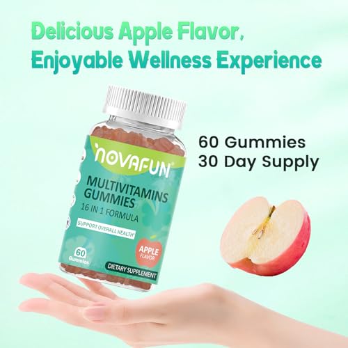 Novafun Multivitamin Gummies,16-in-1 Supplement with Essential Vitamins & Minerals for Overall Health, Vegetarian & Gluten-Free, Apple Flavor, 60 Count