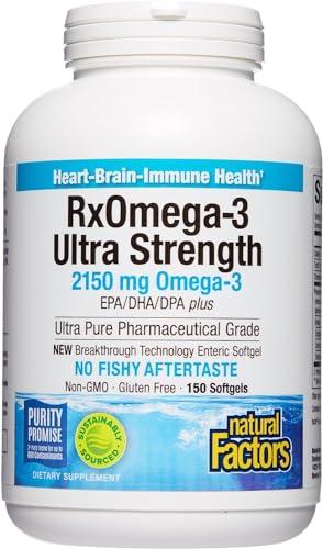 Natural Factors, Ultra Strength RxOmega-3 Fish Oil, High Potency Formula, 2,150 mg Omega-3 Per Serving, No Fishy Aftertaste, 150 Softgels