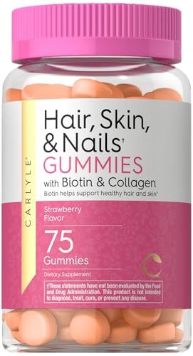 Carlyle Hair Skin and Nails Vitamins | 75 Gummies | with Biotin and Collagen | Gummy Supplement for Women | Strawberry Flavor | Non-GMO, Gluten Free
