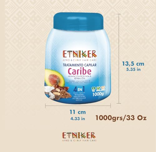 ETNIKER CARIBE Hair Treatment for Afro, Curly & Wavy Hair | 4-in-1 Deep Conditioner, Styling Cream, UV Protection & Repair Mask | with Paradise Nut, Coconut, Avocado, Tamarind & Flaxseed | 33 oz