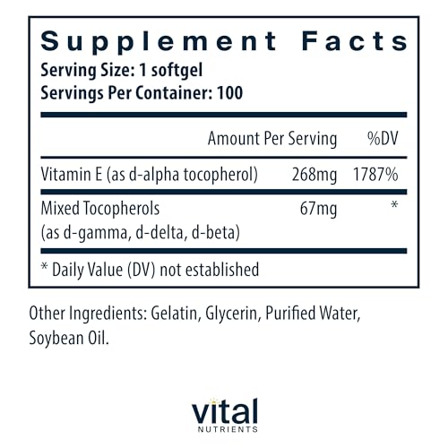 Vital Nutrients Vitamin E with Mixed Tocopherols | Potent Antioxidant Vitamin E Supplements to Support Cardiovascular Health* | Gluten and Dairy Free | Non-GMO | 100 Softgels